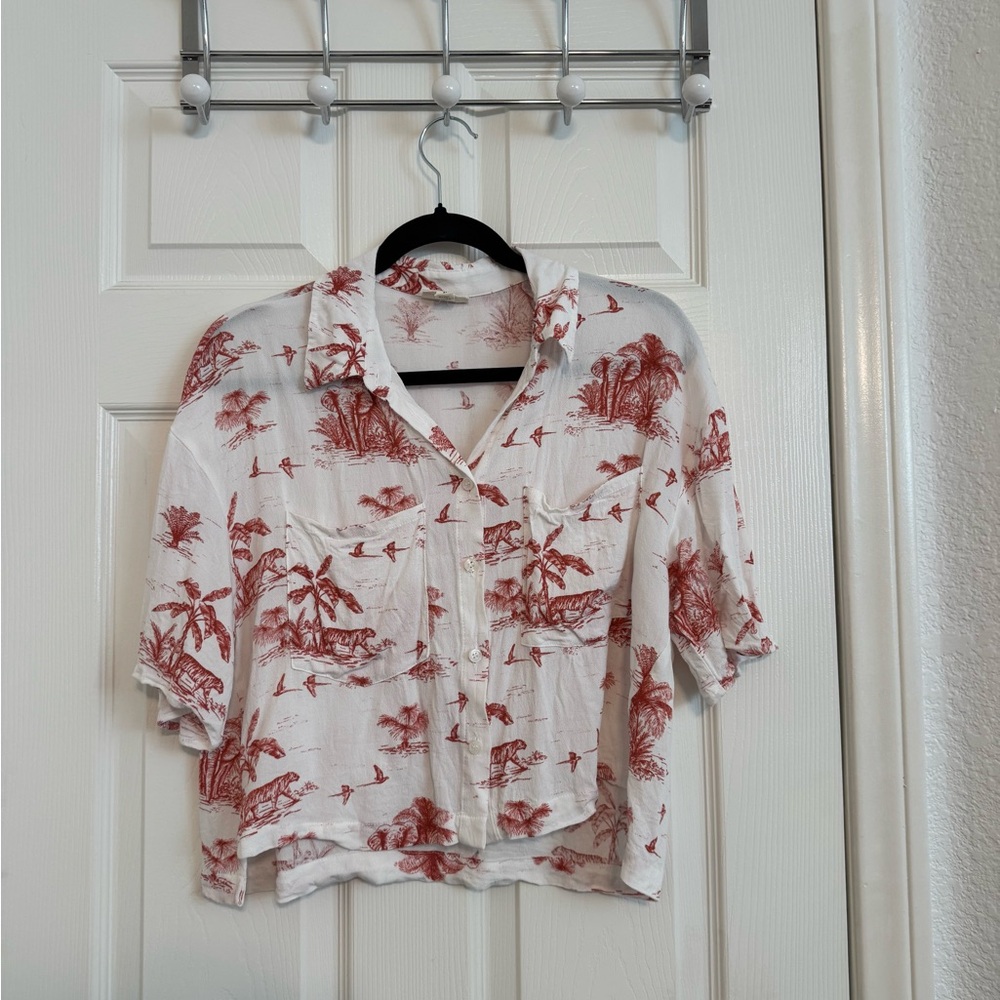 a.n.a Red and White Tropical Button-Down Shirt